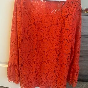 Lace overlay orange feminine blouse medium